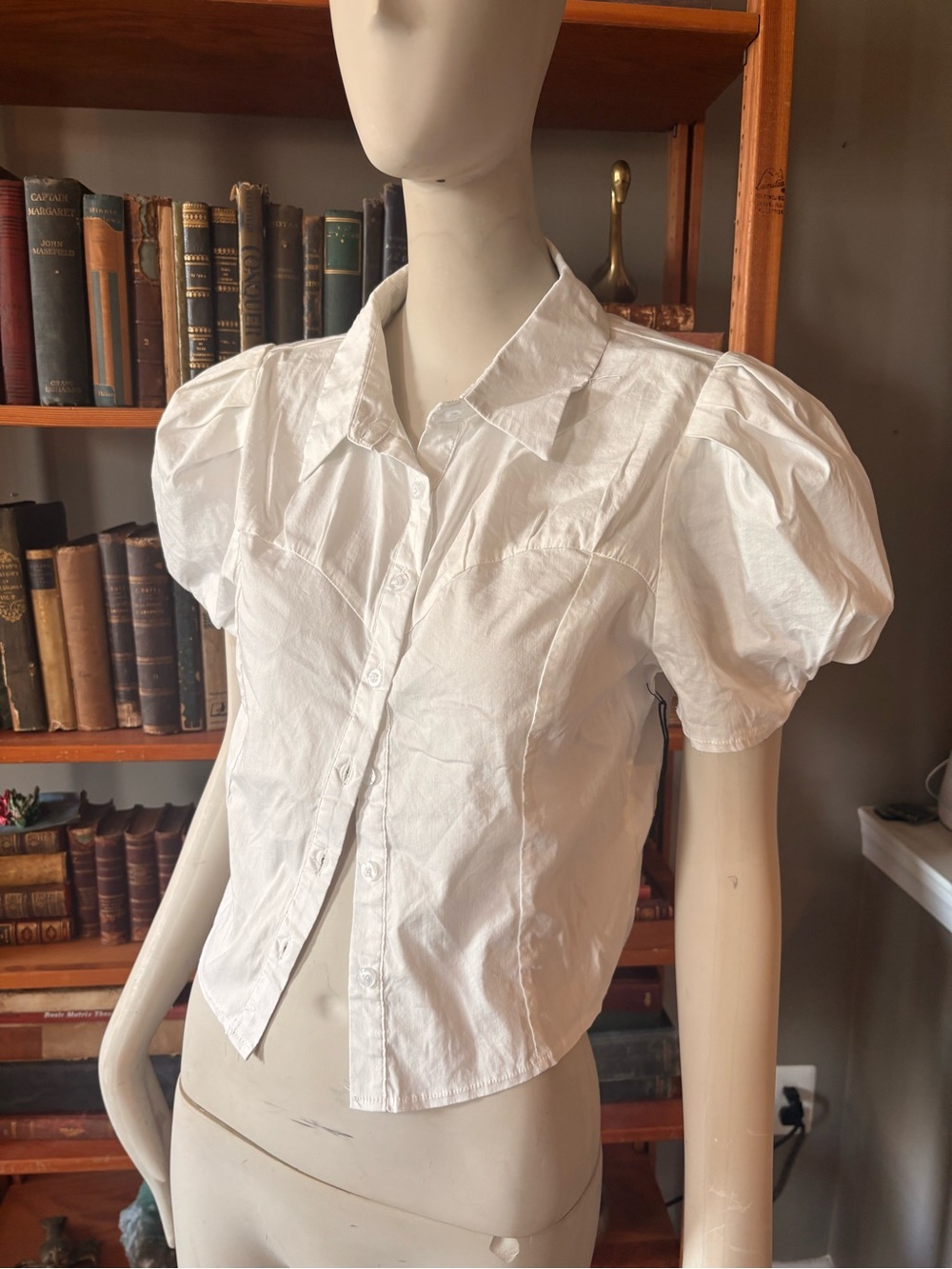 Milk & Honey White Puff-Sleeve Button-Down Shirt - Casual Feminine Top